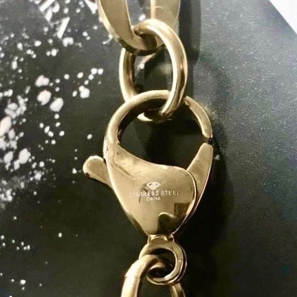 YELLOW GOLD PLATED STAINLESS STEEL BLACK CERAMIC NECKLACE PAPERCLIP CHUNKY CHAIN - Picture 3 of 9